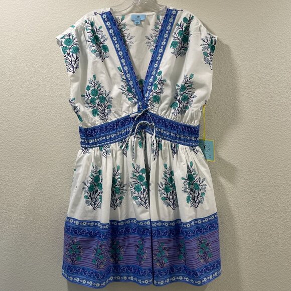 CECE (NWT) Sleeveless V-Neck Mini Dress Border Print Floral, White/Blue - L - Picture 1 of 12